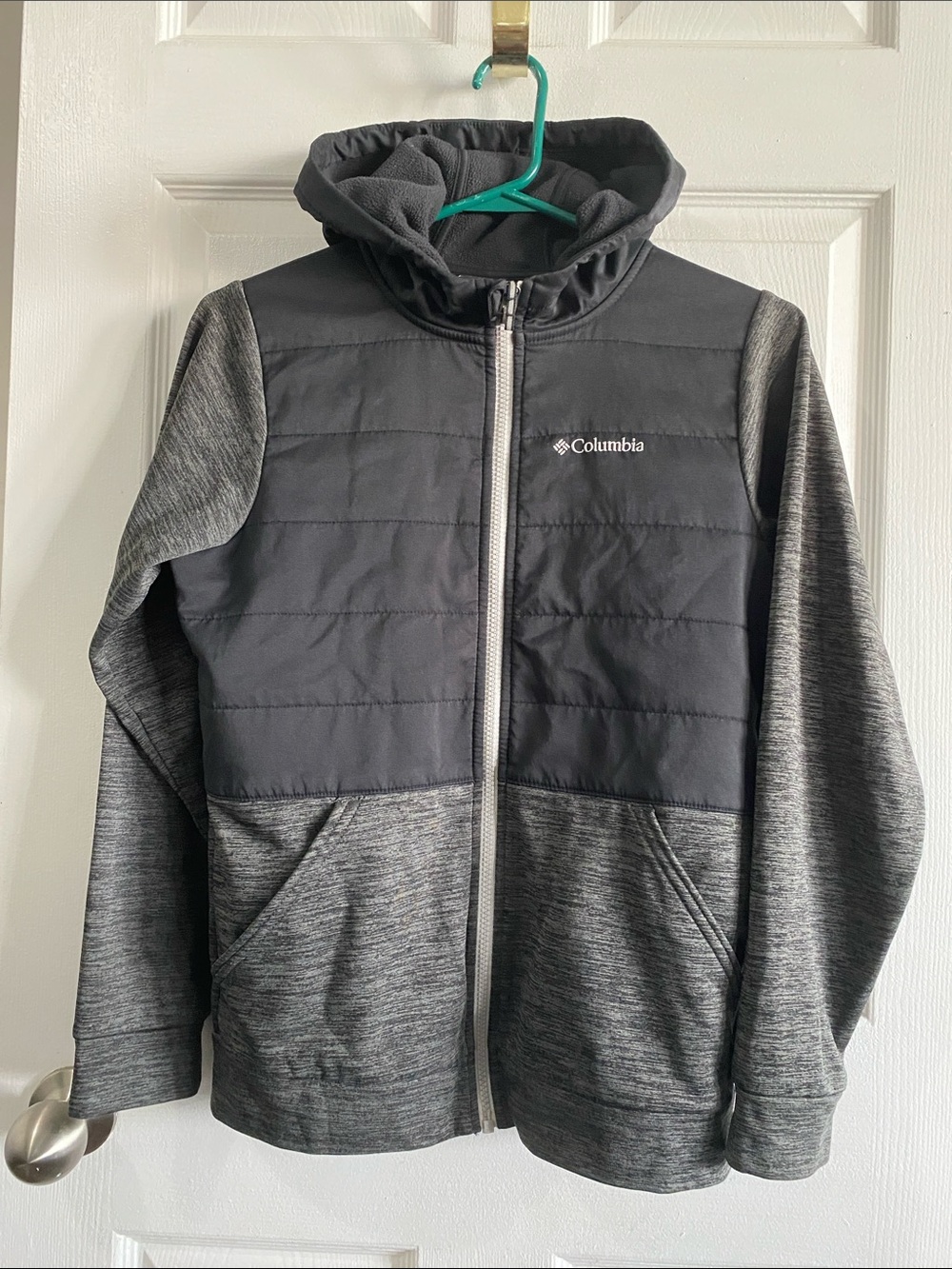 Columbia Youth Hooded Hybrid Full-Zip Fleece Jacket Grey Black Size L 14/16 EUC